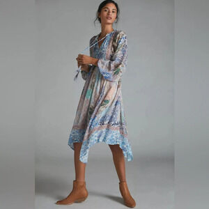 Anthropologie Sky Cressida Balloon Sleeve Midi Dress Tassel Beach Boho Fun Sz XS